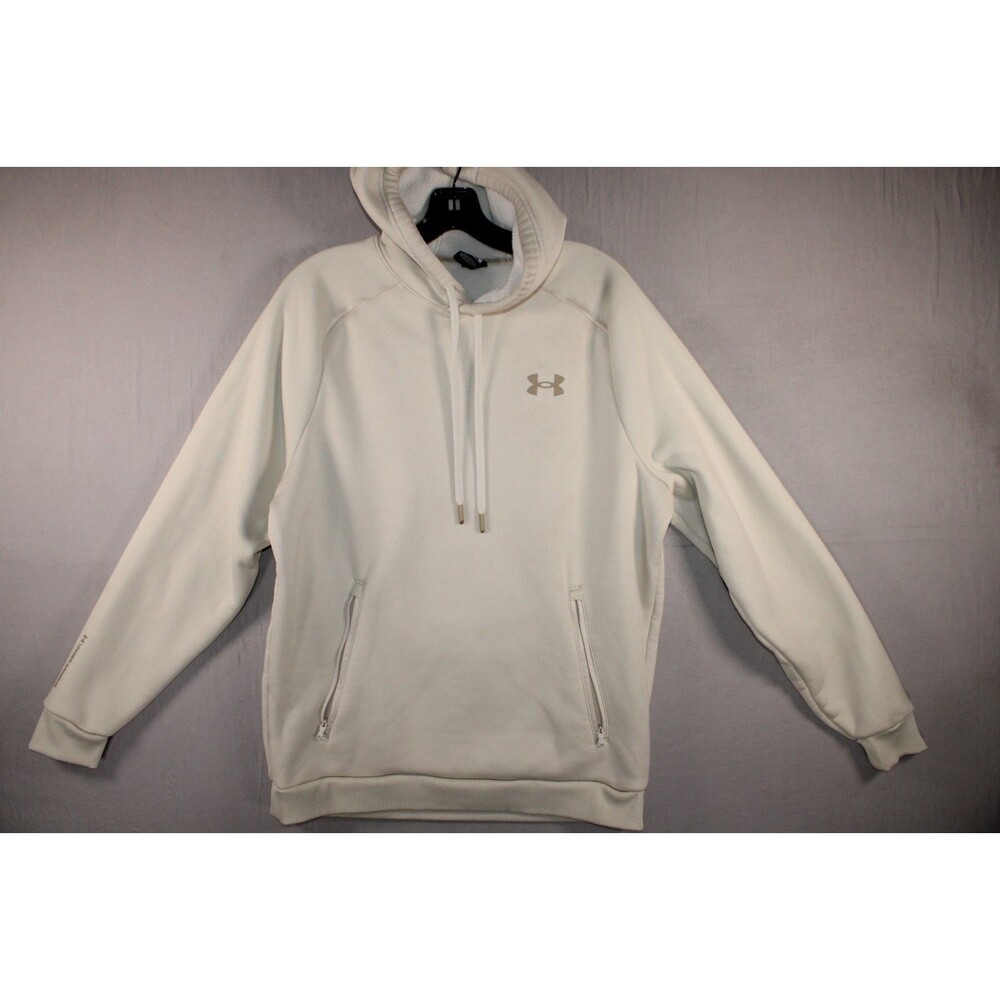 Under Armour Hoodie Men's Medium Off White Fleece Pullover Cold Gear Logo